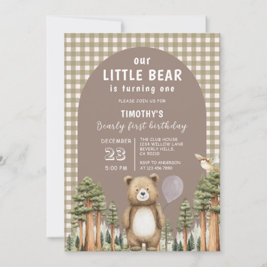 Our Little Bear is Turning One Forest Gingham Kaart (Voorkant)