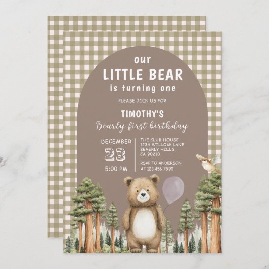 Our Little Bear is Turning One Forest Gingham Kaart (Voorkant / Achterkant)