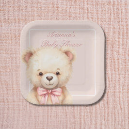 Our Little Bear on the Way Pink Bow Baby Shower Papieren Bordje