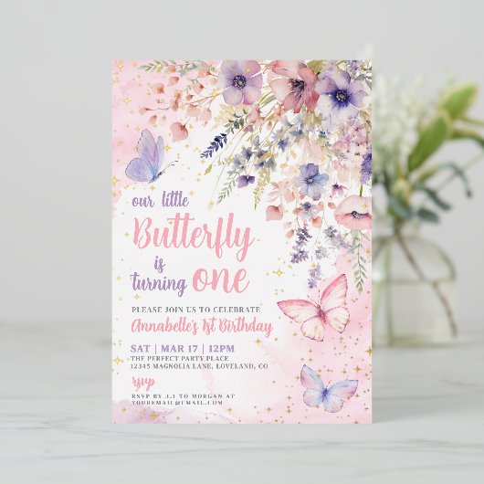 Our Little Butterfly Girl's Birthday Pink Gold Folie Uitnodiging (Staand Voorkant)