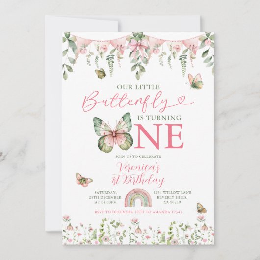 Our Little Butterfly is turning 1 Birthday Floral Kaart (Voorkant)
