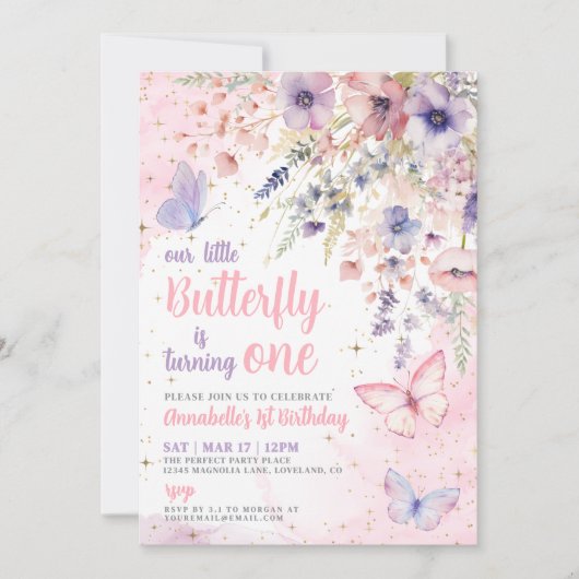 Our Little Butterfly Pink Girl's Birthday Party Kaart (Voorkant)