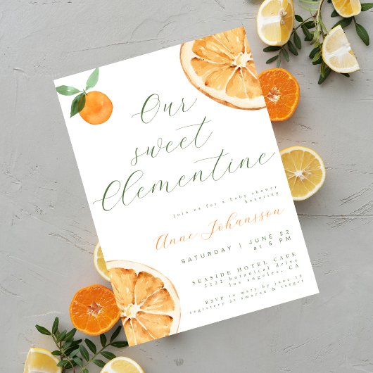 Our Little Clementine Elegant Script Baby Shower Kaart