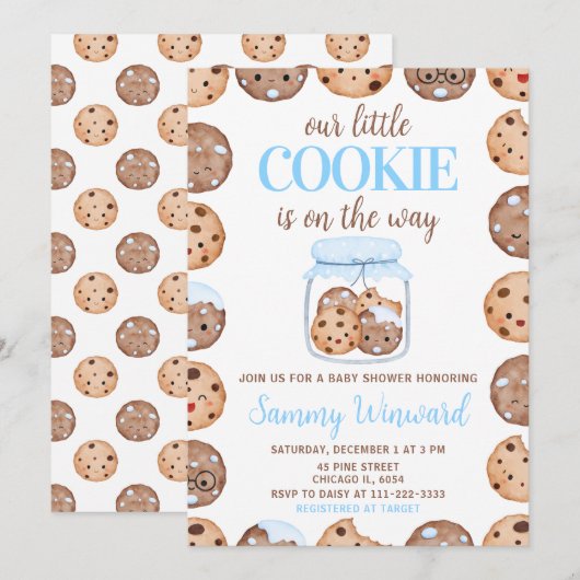 Our Little Cookie Blue Baby Shower Kaart (Voorkant / Achterkant)
