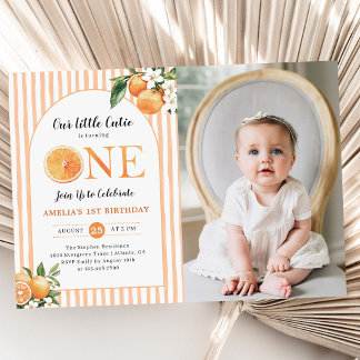Our Little Cutie Orange Citrus 1st Birthday Photo Kaart