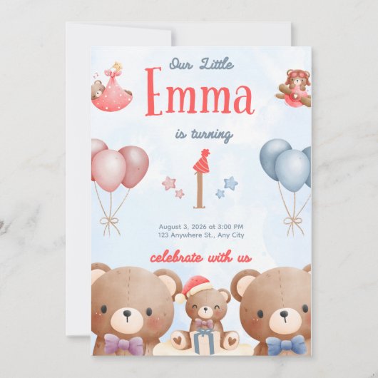 Our Little Emma Birthday Invitation – Pastel Teddy Kaart (Voorkant)