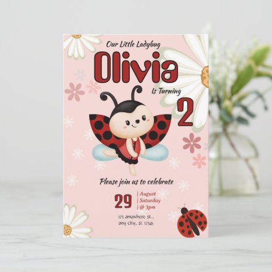 Our Little Ladybug Girl Birthday Party Invitation Kaart (Staand voorkant)