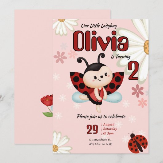 Our Little Ladybug Girl Birthday Party Invitation Kaart (Voorkant / Achterkant)