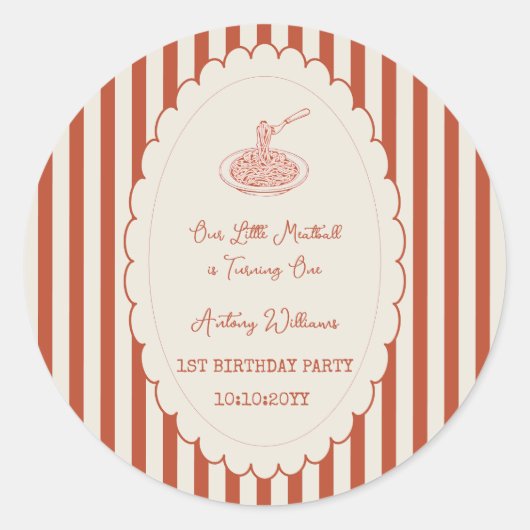 Our little meatball is turning one 1st Birthday  Ronde Sticker (Voorkant)