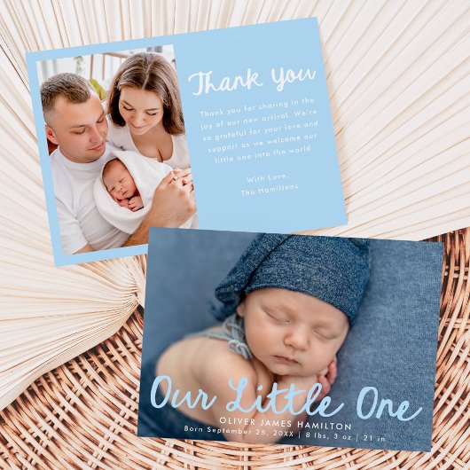 Our Little One Handwritten Blue Script Photo Birth Aankondiging