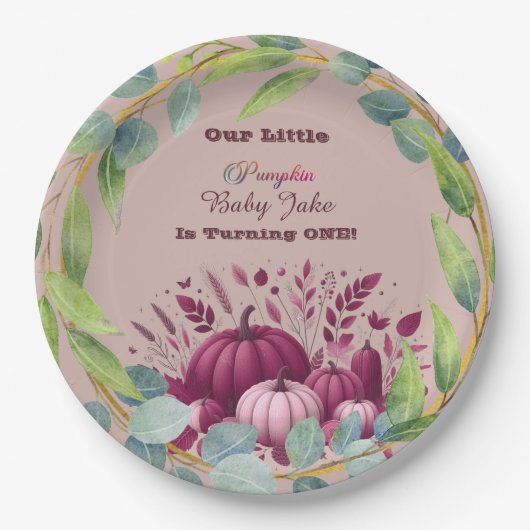 Our Little Pumpkin 1st Birthday Fall Wreath Purple Papieren Bordje (Voorkant)