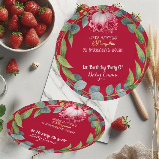 Our Little Pumpkin 1st Birthday Green Wreath Pink Papieren Bordje