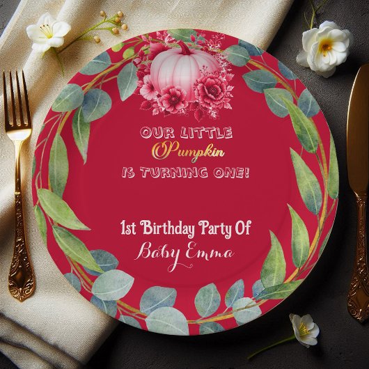 Our Little Pumpkin 1st Birthday Green Wreath Pink Papieren Bordje