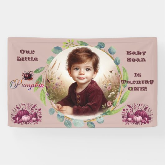 Our Little Pumpkin Purple 1st Birthday Fall Wreath Spandoek (Horizontaal)