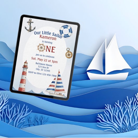 Our Little Sailor, 1st Birthday, watercolor Kaart