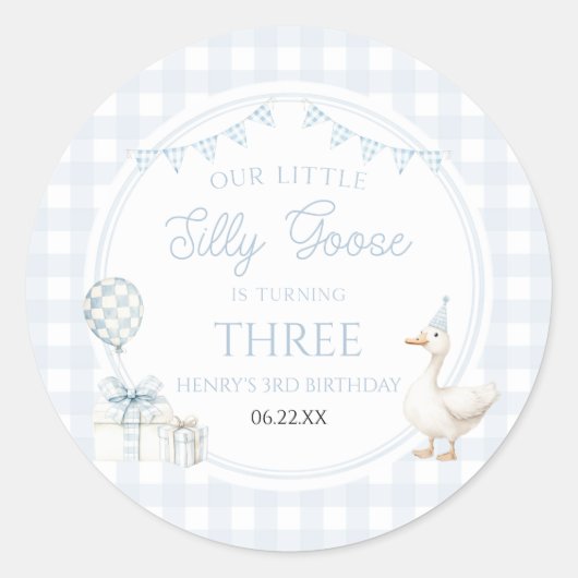 Our Little Silly Goose Blue Birthday Party Ronde Sticker (Voorkant)