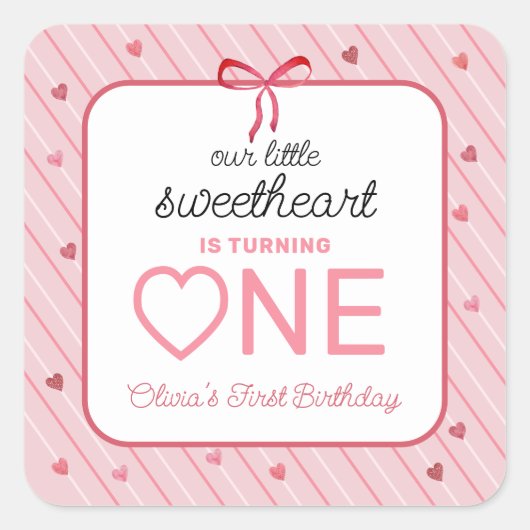Our Little Sweetheart Is One Hearts Bows Birthday Vierkante Sticker (Voorkant)