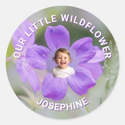 Our Little Wildflower Purple Floral Custom Photo Ronde Sticker (Voorkant)