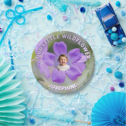 Our Little Wildflower Purple Geranium Custom Photo Papieren Bordje (Feest)