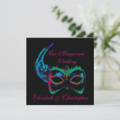 "Our Masquerade Wedding" - Blauw en roze Kaart (Staand voorkant)