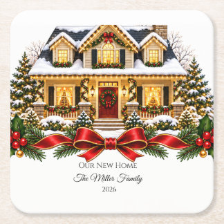 Our New Home Christmas House with Family Name and Kartonnen Onderzetters