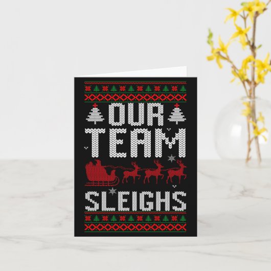 Our Team Sleighs Christmas Reindeers Santa's Long  Kaart (Gele Bloem)