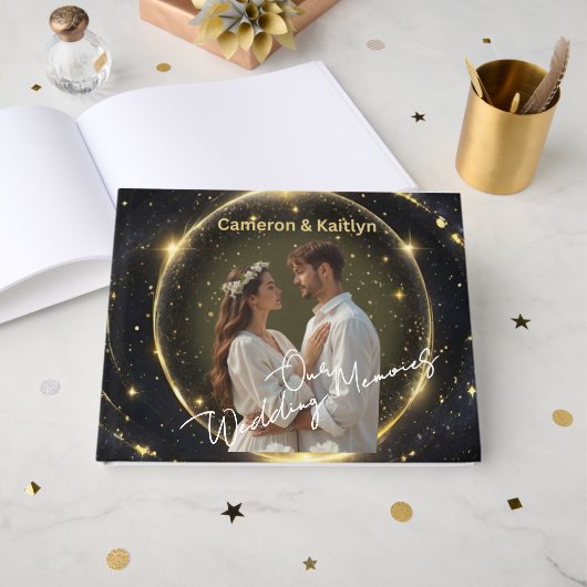 Our Wedding Memories – Elegant Black and Gold Cust Gastenboek (Voorkant open)