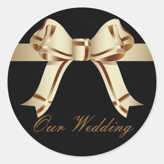 "Our Wedding" - Sepia/Gold Bow en Ribbon[a] Ronde Sticker (Voorkant)