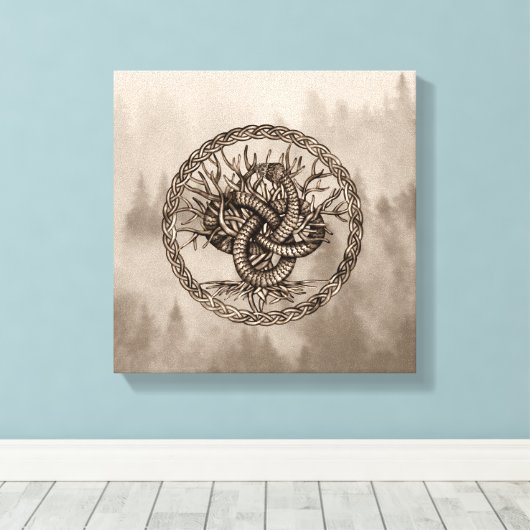 Ouroboros Celtic Knot with Tree of Life Sepia Canvas Afdruk (Insitu (Houten vloer))