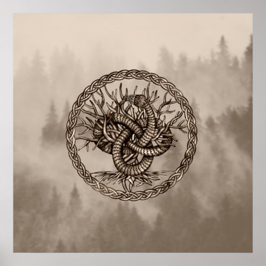 Ouroboros Celtic Knot with Tree of Life Sepia Poster (Voorkant)