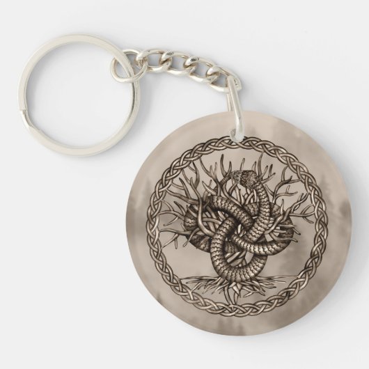 Ouroboros Celtic Knot with Tree of Life Sepia Sleutelhanger (Voorkant)