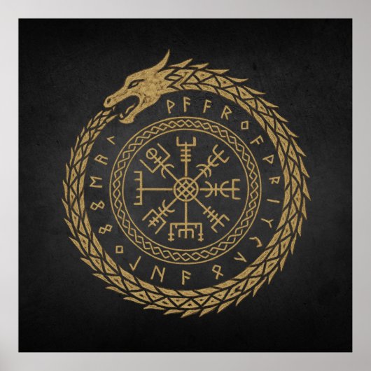 Ouroboros & Vegvisir – Noors kompas Rune Circle D Poster (Voorkant)
