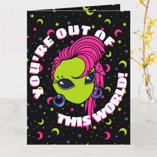 Out of This World Retro Alien Valentijns Kaart (Gele Bloem)