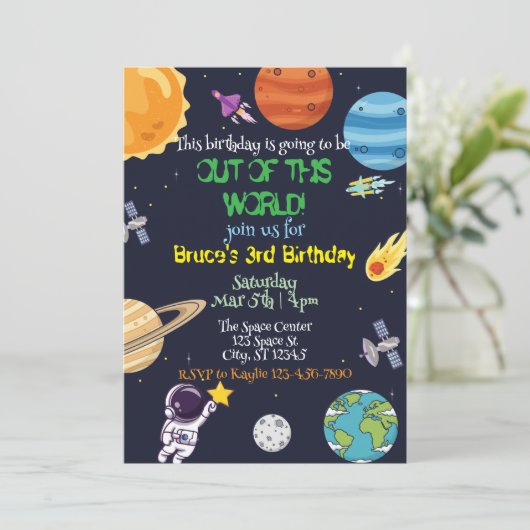 Out of this World, space birthday Invitation Kaart (Staand voorkant)