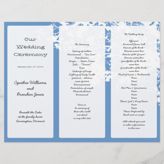 Out Tree, Blue Tri-Fold Wedding Program Sjabloon (Voorkant)