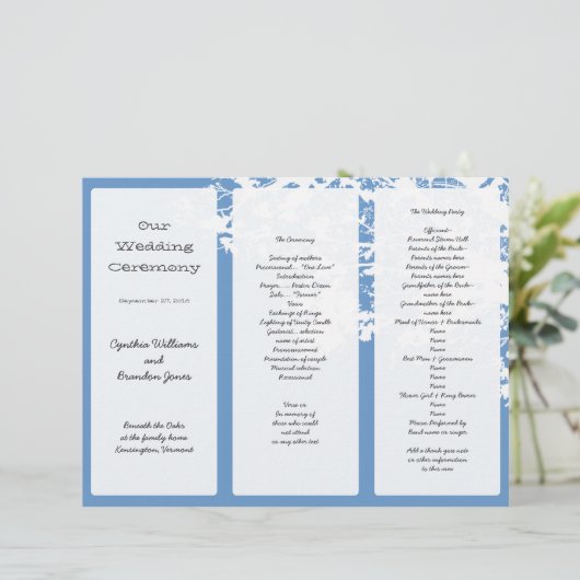 Out Tree, Blue Tri-Fold Wedding Program Sjabloon (Staand voorkant)