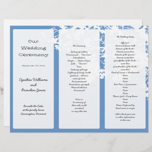 Out Tree, Blue Tri-Fold Wedding Program Sjabloon (Voorkant / Achterkant)
