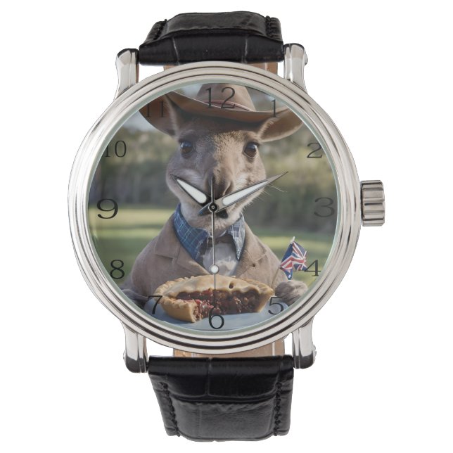Outback Delight: A Kangaroo Eats Aussie Meat Pie Horloge (Voorkant)