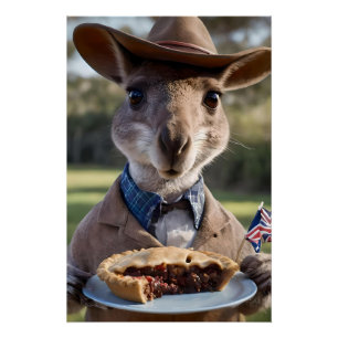 Outback Delight: A Kangaroo Eats Aussie Meat Pie Perfect Poster