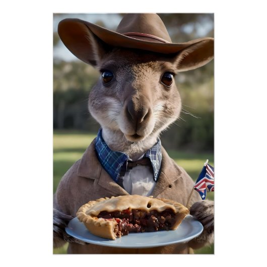 Outback Delight: A Kangaroo Eats Aussie Meat Pie Perfect Poster (Voorkant)