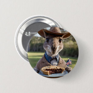 Outback Delight: A Kangaroo Eats Aussie Meat Pie Ronde Button 5,7 Cm