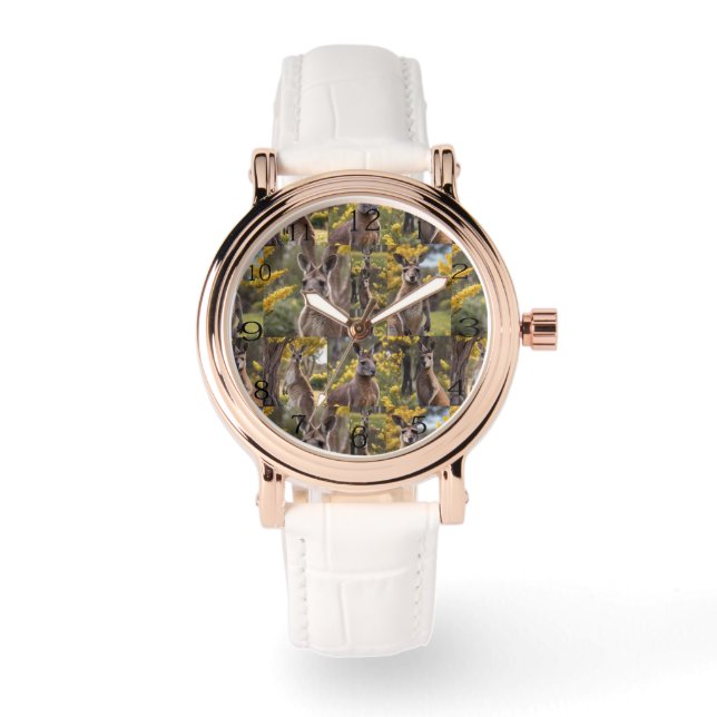 Outback Schoonheid: Kangoeroe En Wattle Foto Colla Horloge (Voorkant)