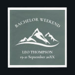 Outdoor Adventure Mountain Bachelor Weekend Servet<br><div class="desc">Deze outdoor avontuur vrijgezellenweekend servetten zijn de perfecte accessoire voor een berg-thema vrijgezellenweekend. Dit ontwerp heeft een bosgroene achtergrond en heeft ruimte voor personalisatie met "BACHELOR WEEKEND",  de naam van de bruidegom en de evenementdata.</div>