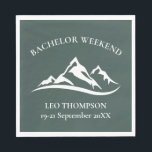 Outdoor Adventure Mountain Bachelor Weekend Servet<br><div class="desc">Deze outdoor avontuur vrijgezellenweekend servetten zijn de perfecte accessoire voor een berg-thema vrijgezellenweekend. Dit ontwerp heeft een bosgroene achtergrond en heeft ruimte voor personalisatie met "BACHELOR WEEKEND",  de naam van de bruidegom en de evenementdata.</div>
