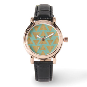 Outdoor Geo Step   Gold & Teal Pattern Horloge