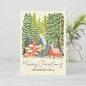 Outdoor Mountain Town Linocut Kerstfoto Feestdagenkaart (Staand voorkant)