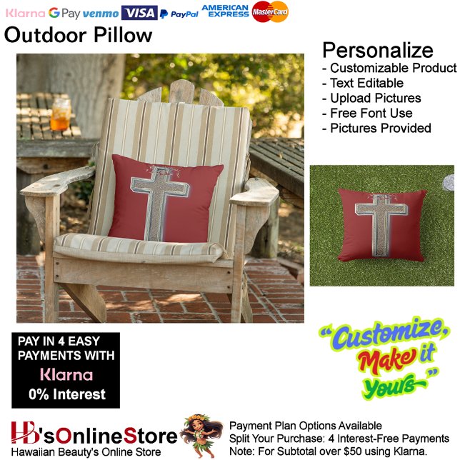 Outdoor Sierkussen rode achtergrond (Cross Outdoor Throw Pillow with Red Background.)