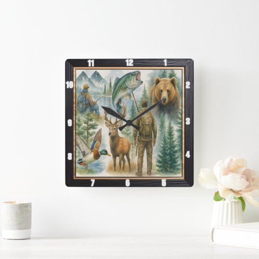 Outdoor Wildlife Hunter Fisherman Vierkante Klok (Huis)