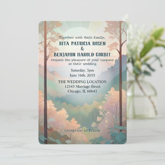 Outdoors Fantasy Mountain bruiloft uitnodiging (Staand voorkant)