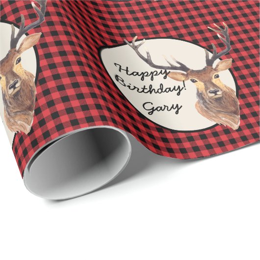 Outdoorsman Buck Deer Buffalo Plaid Naam Verjaarda Cadeaupapier (Rol Hoek)